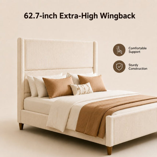 English Elm Queen-Size Wingback Bed Corduroy Upholstered Channel Tufted Frame with Walnut Legs W3107P503824