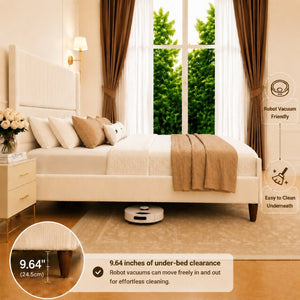 English Elm Queen-Size Wingback Bed Corduroy Upholstered Channel Tufted Frame with Walnut Legs W3107P503824