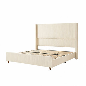 English Elm Queen-Size Wingback Bed Corduroy Upholstered Channel Tufted Frame with Walnut Legs W3107P503824