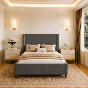 English Elm Queen Platform Bed Corduroy Upholstered Headboard Walnut Legs Modern Bedroom W3107P503826