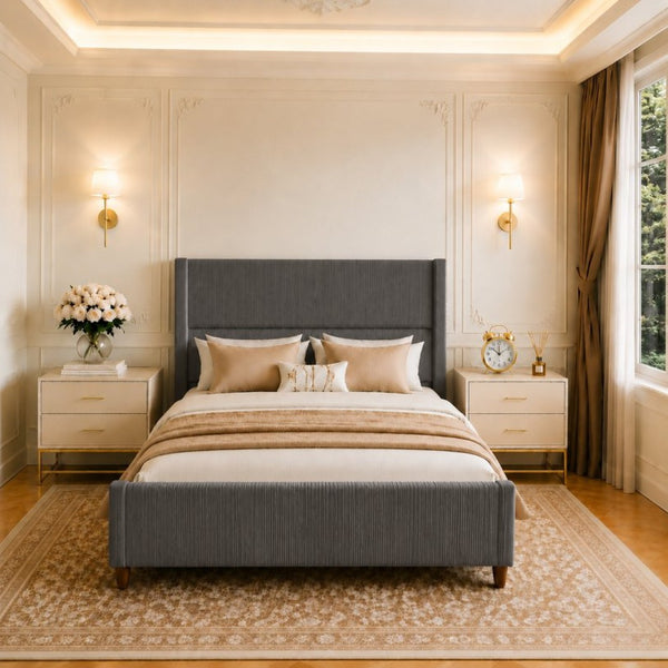 English Elm Queen Platform Bed Corduroy Upholstered Headboard Walnut Legs Modern Bedroom W3107P503826