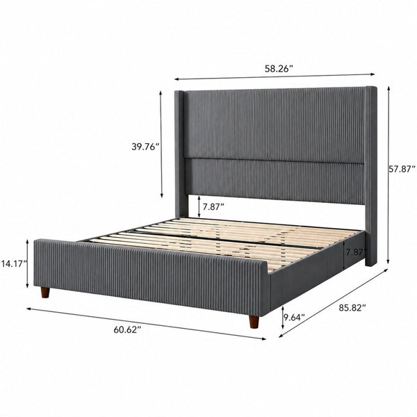English Elm Queen Platform Bed Corduroy Upholstered Headboard Walnut Legs Modern Bedroom W3107P503826