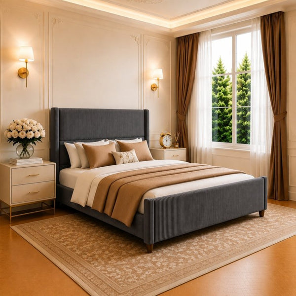 English Elm Queen Platform Bed Corduroy Upholstered Headboard Walnut Legs Modern Bedroom W3107P503826