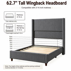 English Elm Queen Platform Bed Corduroy Upholstered Headboard Walnut Legs Modern Bedroom W3107P503826