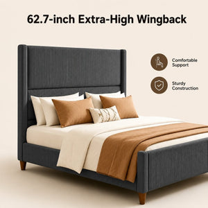 English Elm Queen Platform Bed Corduroy Upholstered Headboard Walnut Legs Modern Bedroom W3107P503826