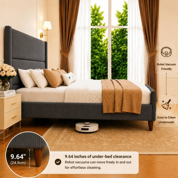 English Elm Queen Platform Bed Corduroy Upholstered Headboard Walnut Legs Modern Bedroom W3107P503826