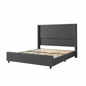 English Elm Queen Platform Bed Corduroy Upholstered Headboard Walnut Legs Modern Bedroom W3107P503826