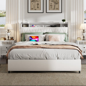 English Elm Queen Platform Bed Ergonomic Upholstered Headboard Built-In Charging Ports Metal Frame W3107S00007