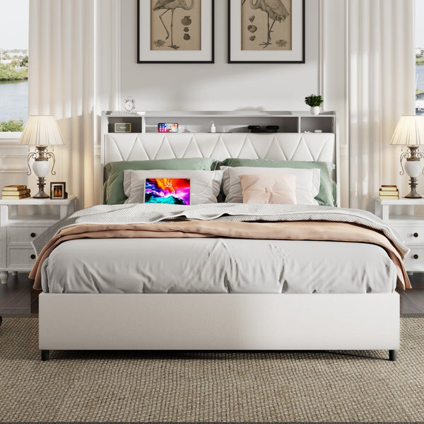 English Elm Queen Platform Bed Ergonomic Upholstered Headboard Built-In Charging Ports Metal Frame W3107S00007