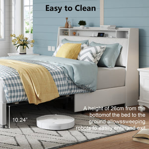 English Elm Queen Platform Bed Ergonomic Upholstered Headboard Built-In Charging Ports Metal Frame W3107S00007
