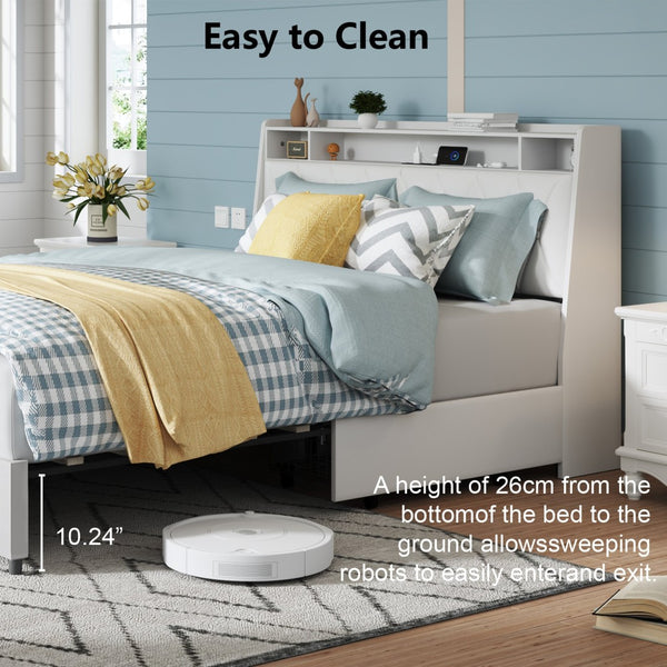 English Elm Queen Platform Bed Ergonomic Upholstered Headboard Built-In Charging Ports Metal Frame W3107S00007