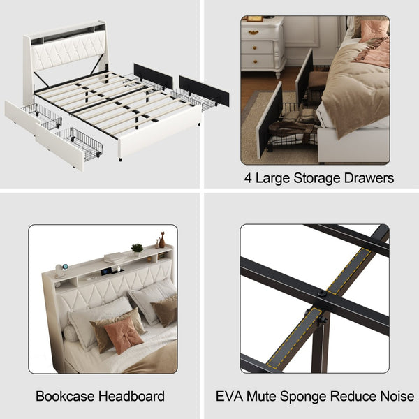 English Elm Queen Platform Bed Ergonomic Upholstered Headboard Built-In Charging Ports Metal Frame W3107S00007