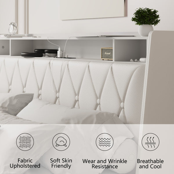 English Elm Queen Platform Bed Ergonomic Upholstered Headboard Built-In Charging Ports Metal Frame W3107S00007