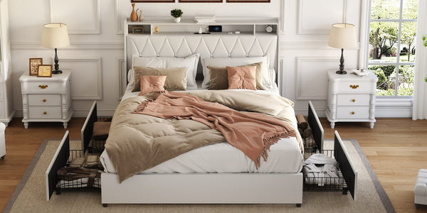 English Elm Queen Platform Bed Ergonomic Upholstered Headboard Built-In Charging Ports Metal Frame W3107S00007
