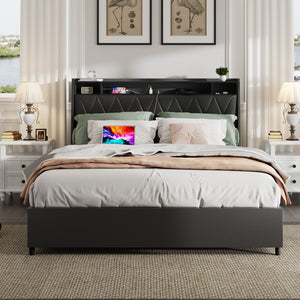 English Elm Queen Platform Bed Ergonomic Upholstered Headboard Metal Frame Built-in Charging Ports W3107S00008