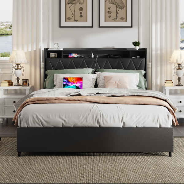 English Elm Queen Platform Bed Ergonomic Upholstered Headboard Metal Frame Built-in Charging Ports W3107S00008