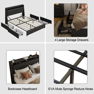 English Elm Queen Platform Bed Ergonomic Upholstered Headboard Metal Frame Built-in Charging Ports W3107S00008