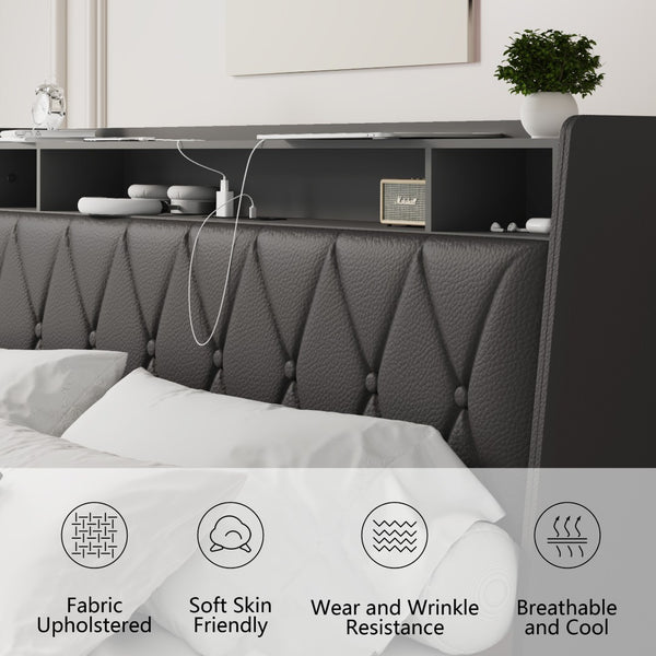 English Elm Queen Platform Bed Ergonomic Upholstered Headboard Metal Frame Built-in Charging Ports W3107S00008