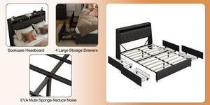 English Elm Queen Platform Bed Ergonomic Upholstered Headboard Metal Frame Built-in Charging Ports W3107S00008
