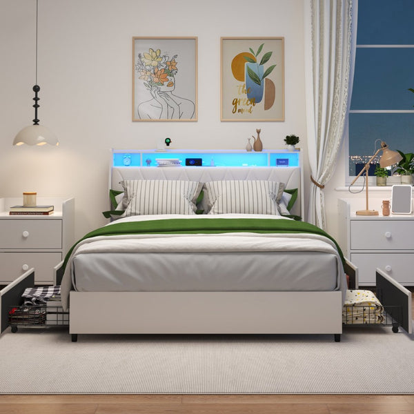 English Elm Queen Platform Bed Upholstered Headboard LED Lighting Built in Outlets Metal Frame W3107S00009
