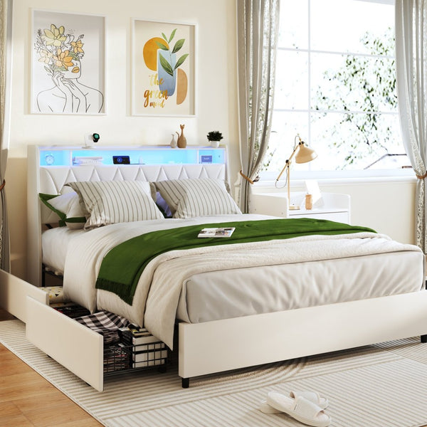 English Elm Queen Platform Bed Upholstered Headboard LED Lighting Built in Outlets Metal Frame W3107S00009
