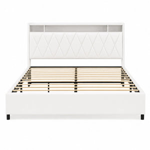 English Elm Queen Platform Bed Upholstered Headboard LED Lighting Built in Outlets Metal Frame W3107S00009