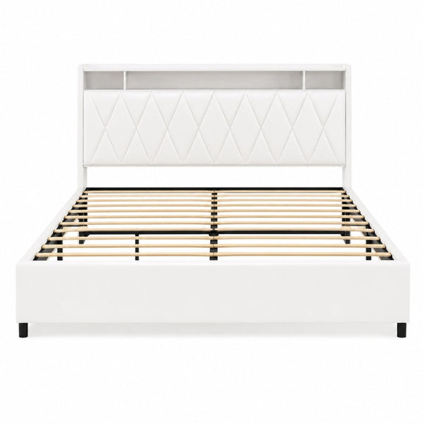 English Elm Queen Platform Bed Upholstered Headboard LED Lighting Built in Outlets Metal Frame W3107S00009