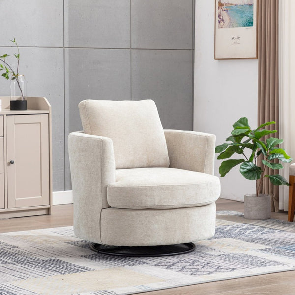 English Elm 31.9"w Chenille Barrel Swivel Chair Cocoon Silhouette with Steel Pedestal Base for Any Room Beige W3118P447611