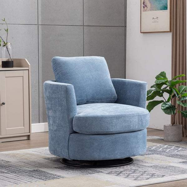 English Elm 31.9"w Chenille Barrel Swivel Chair Cocoon Silhouette with Steel Pedestal Base for Any Room Light Blue W3118P447612