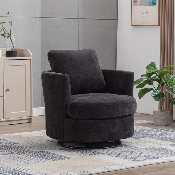 English Elm 31.9"w Chenille Barrel Swivel Chair Cocoon Silhouette with Steel Pedestal Base for Any Room Black W3118P447613