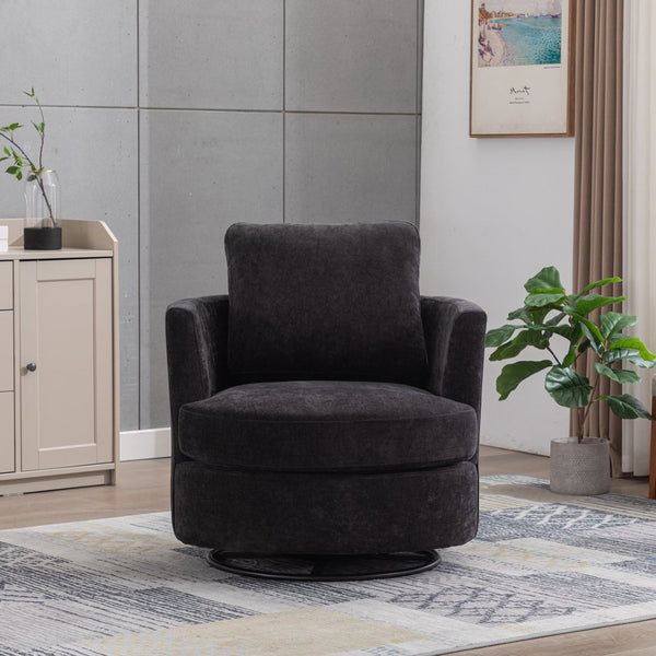 English Elm 31.9"w Chenille Barrel Swivel Chair Cocoon Silhouette with Steel Pedestal Base for Any Room Black W3118P447613