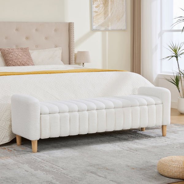 English Elm 63.4"w Wave Tufted Teddy Upholstered Flip Top Storage Bench with Armrests for Bedroom Ivory W3118P453443