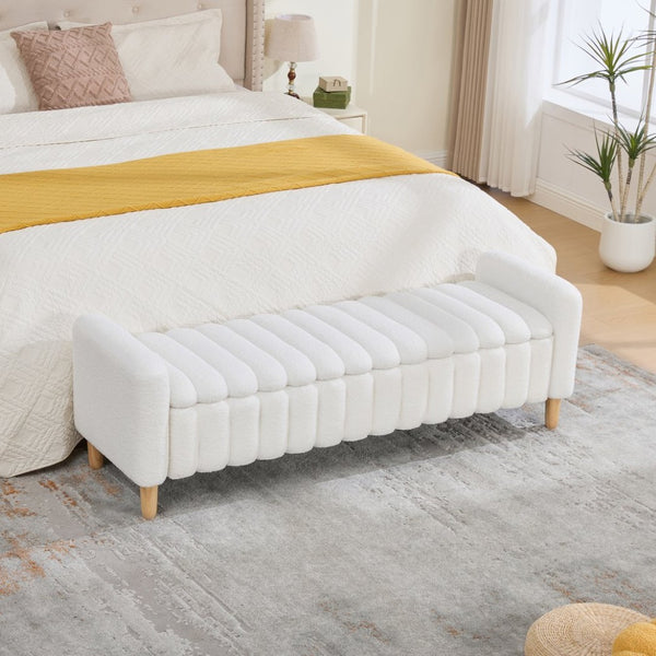 English Elm 63.4"w Wave Tufted Teddy Upholstered Flip Top Storage Bench with Armrests for Bedroom Ivory W3118P453443