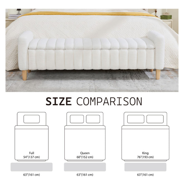 English Elm 63.4"w Wave Tufted Teddy Upholstered Flip Top Storage Bench with Armrests for Bedroom Ivory W3118P453443