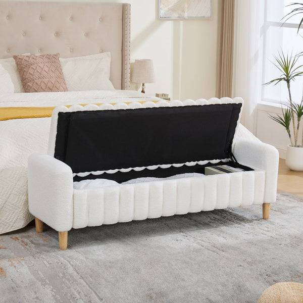 English Elm 63.4"w Wave Tufted Teddy Upholstered Flip Top Storage Bench with Armrests for Bedroom Ivory W3118P453443
