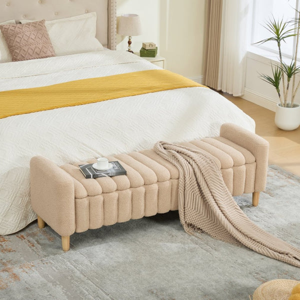 English Elm 63.4"w Wave Tufted Teddy Upholstered Flip Top Storage Bench with Armrests for Bedroom Wheat W3118P453444