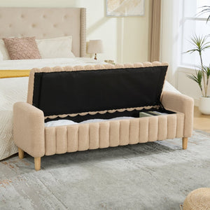 English Elm 63.4"w Wave Tufted Teddy Upholstered Flip Top Storage Bench with Armrests for Bedroom Wheat W3118P453444