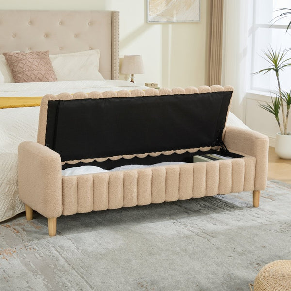 English Elm 63.4"w Wave Tufted Teddy Upholstered Flip Top Storage Bench with Armrests for Bedroom Wheat W3118P453444