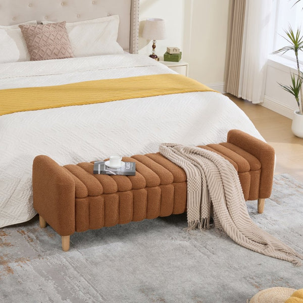 English Elm 63.4"w Wave Tufted Teddy Upholstered Flip Top Storage Bench with Armrests for Bedroom Caramel W3118P453445