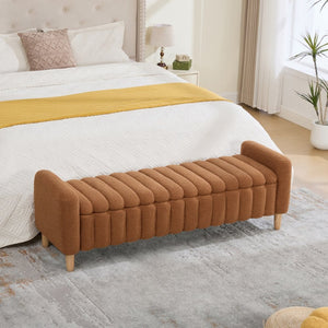 English Elm 63.4"w Wave Tufted Teddy Upholstered Flip Top Storage Bench with Armrests for Bedroom Caramel W3118P453445