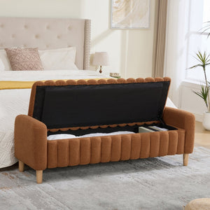 English Elm 63.4"w Wave Tufted Teddy Upholstered Flip Top Storage Bench with Armrests for Bedroom Caramel W3118P453445