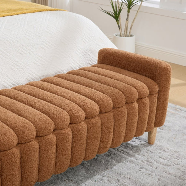 English Elm 63.4"w Wave Tufted Teddy Upholstered Flip Top Storage Bench with Armrests for Bedroom Caramel W3118P453445