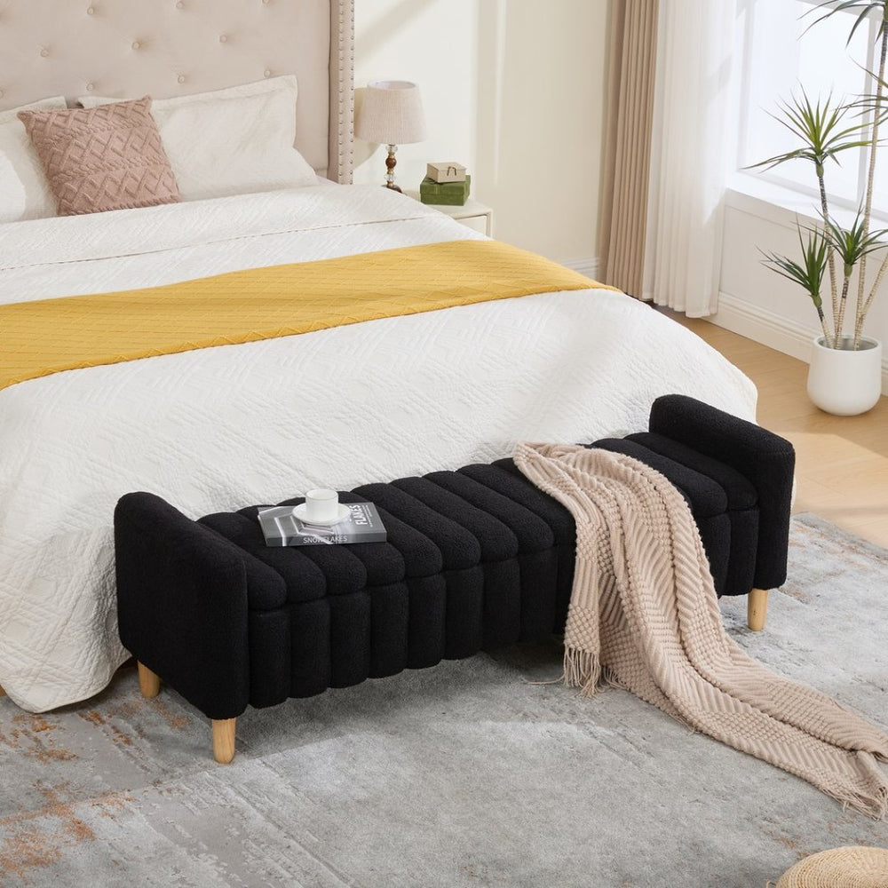 English Elm 63.4"w Wave Tufted Teddy Upholstered Flip Top Storage Bench with Armrests for Bedroom Black W3118P453446