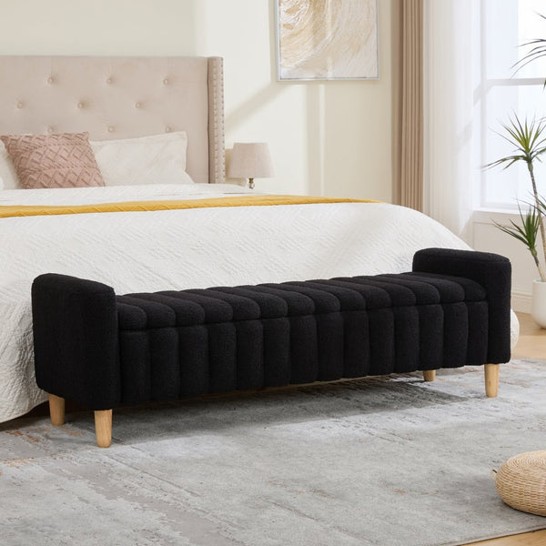 English Elm 63.4"w Wave Tufted Teddy Upholstered Flip Top Storage Bench with Armrests for Bedroom Black W3118P453446