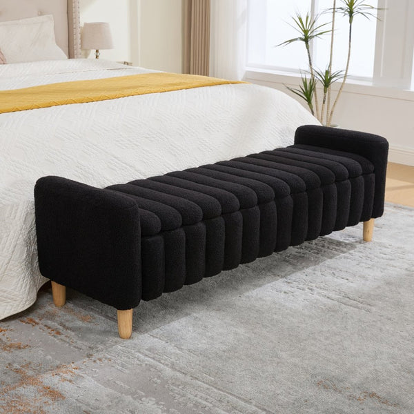 English Elm 63.4"w Wave Tufted Teddy Upholstered Flip Top Storage Bench with Armrests for Bedroom Black W3118P453446