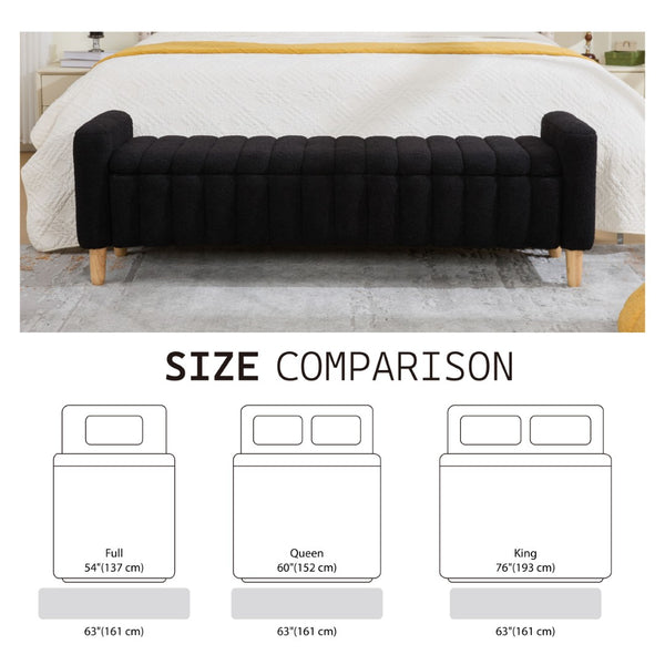 English Elm 63.4"w Wave Tufted Teddy Upholstered Flip Top Storage Bench with Armrests for Bedroom Black W3118P453446