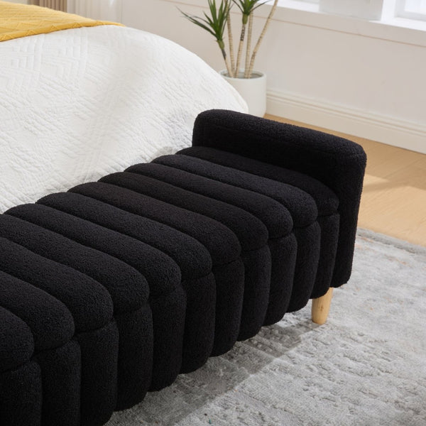 English Elm 63.4"w Wave Tufted Teddy Upholstered Flip Top Storage Bench with Armrests for Bedroom Black W3118P453446