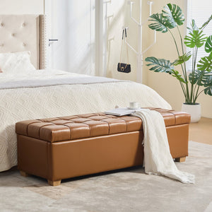 English Elm 60.2'' Tufted Pu Flip-top Storage Bench with Rubberwood Legs for Bedroom Entryway Brown W3118P468293