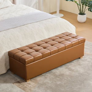English Elm 60.2'' Tufted Pu Flip-top Storage Bench with Rubberwood Legs for Bedroom Entryway Brown W3118P468293