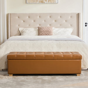 English Elm 60.2'' Tufted Pu Flip-top Storage Bench with Rubberwood Legs for Bedroom Entryway Brown W3118P468293